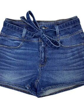 Mudd High Rise Jean Shorts Sz 7 Belted Wide Waistband Dark Wash Stretch Denim